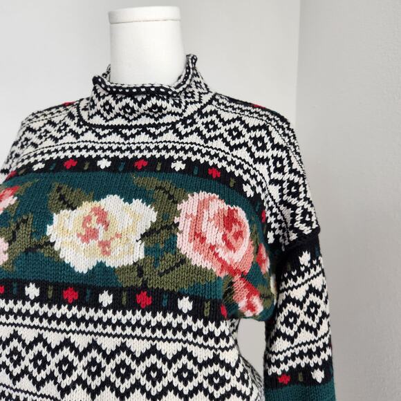 Vintage 90s Express Tricot Knit Sweater Floral Fair Isle Mock Neck Whimsigoth M - Picture 3 of 10